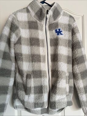 Embroidered Kentucky  Gray & White Plaid Sherpa Jacket for ladies